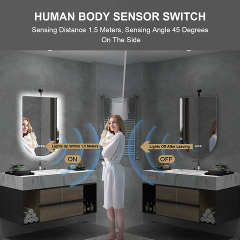 500x800mm Motion Sensor Switch Arch Shape Frameless Backlit Led Bathroom Mirror