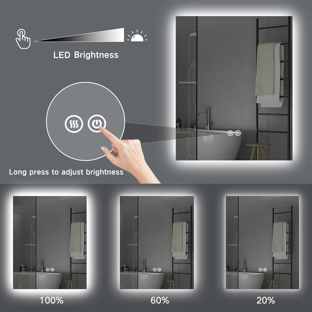 Time and Temp display, 800x700mm Rectangle Frameless Backlit Led Bathroom Mirror