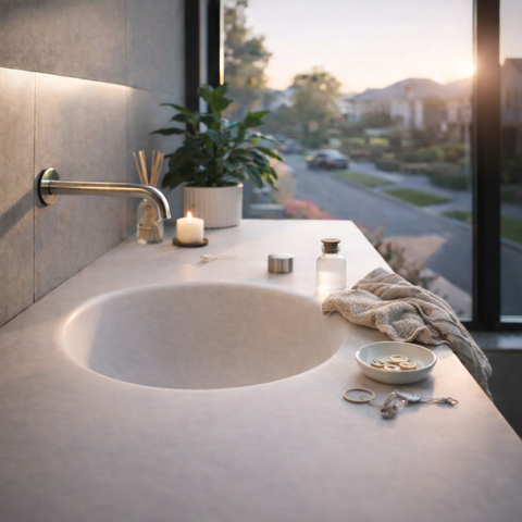 Crater Monoform™ Bench Basin round bowl Beige Oman Sintered Stone Vanity Top Bathroom 1200/1500 Sizes