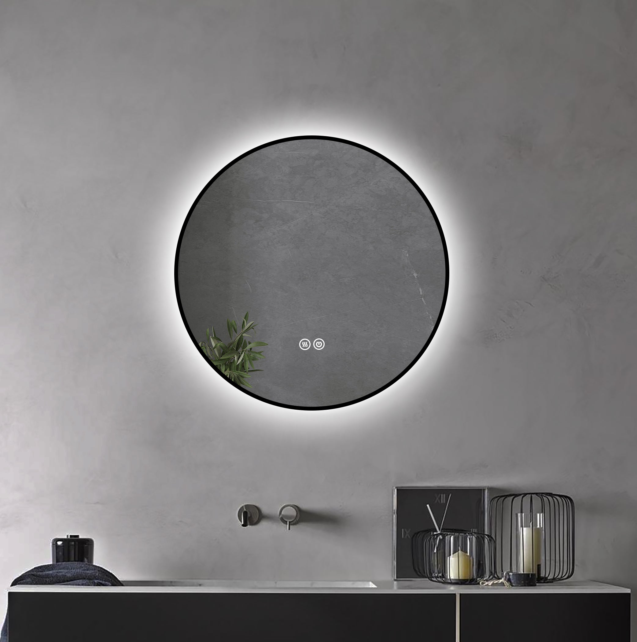 600mm Dia Round Matt Black Frame Backlit Led Bathroom mirror