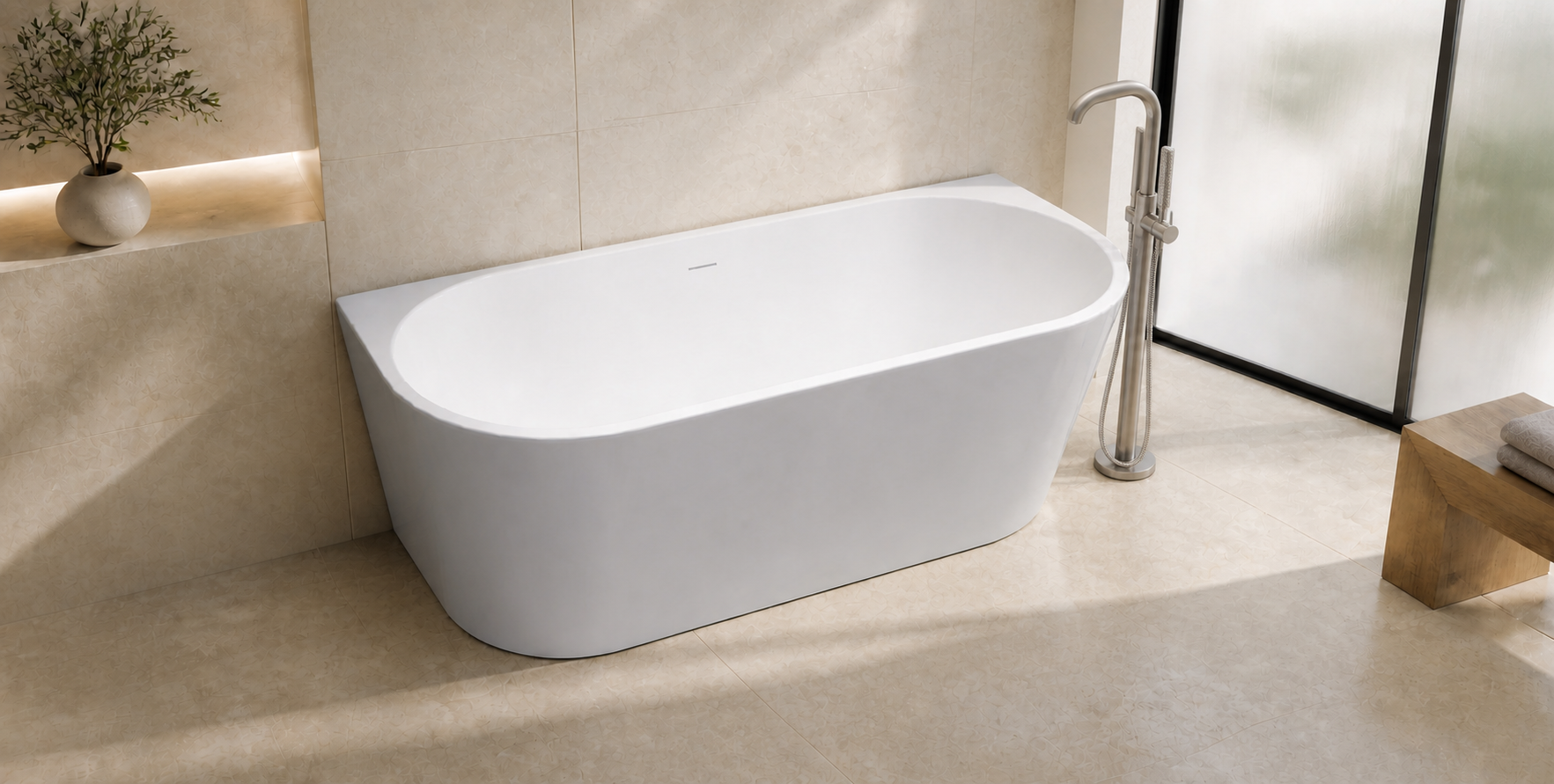 Q Series back-to-wall bathtub in a contemporary bathroom (AI-generated lifestyle render)