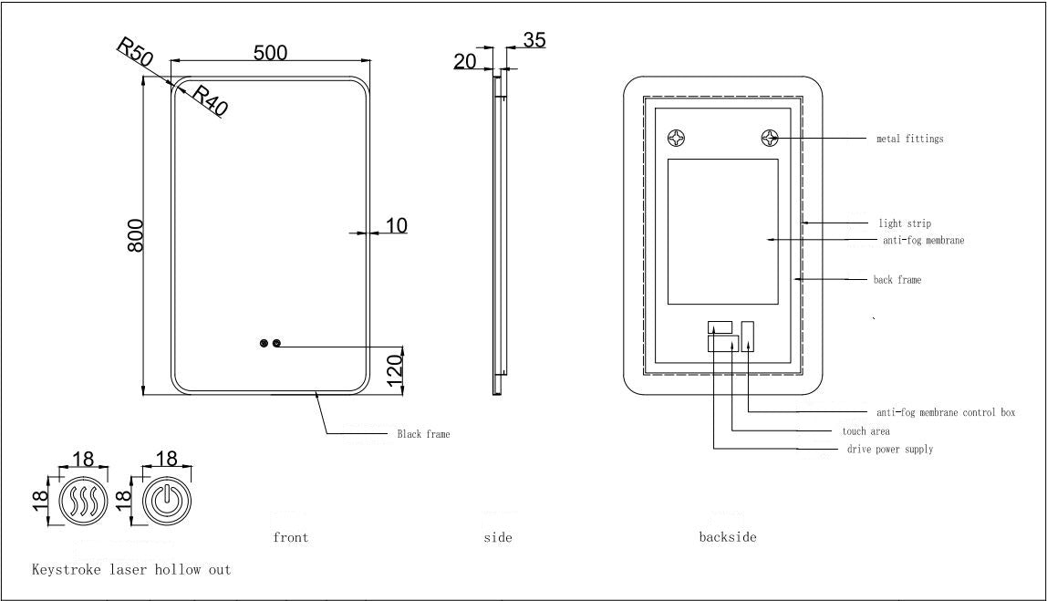 500x800mm Rectangle Matt Black Frame Backlit Led Mirror Bathroom Vanit