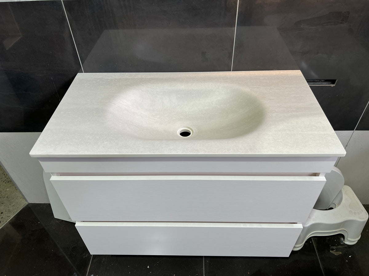 Grey Travertine Caplet 900mm/1200mm Caplet Monoform™ Bench Basin Oval bowl Sintered Stone Vanity Top Bathroom