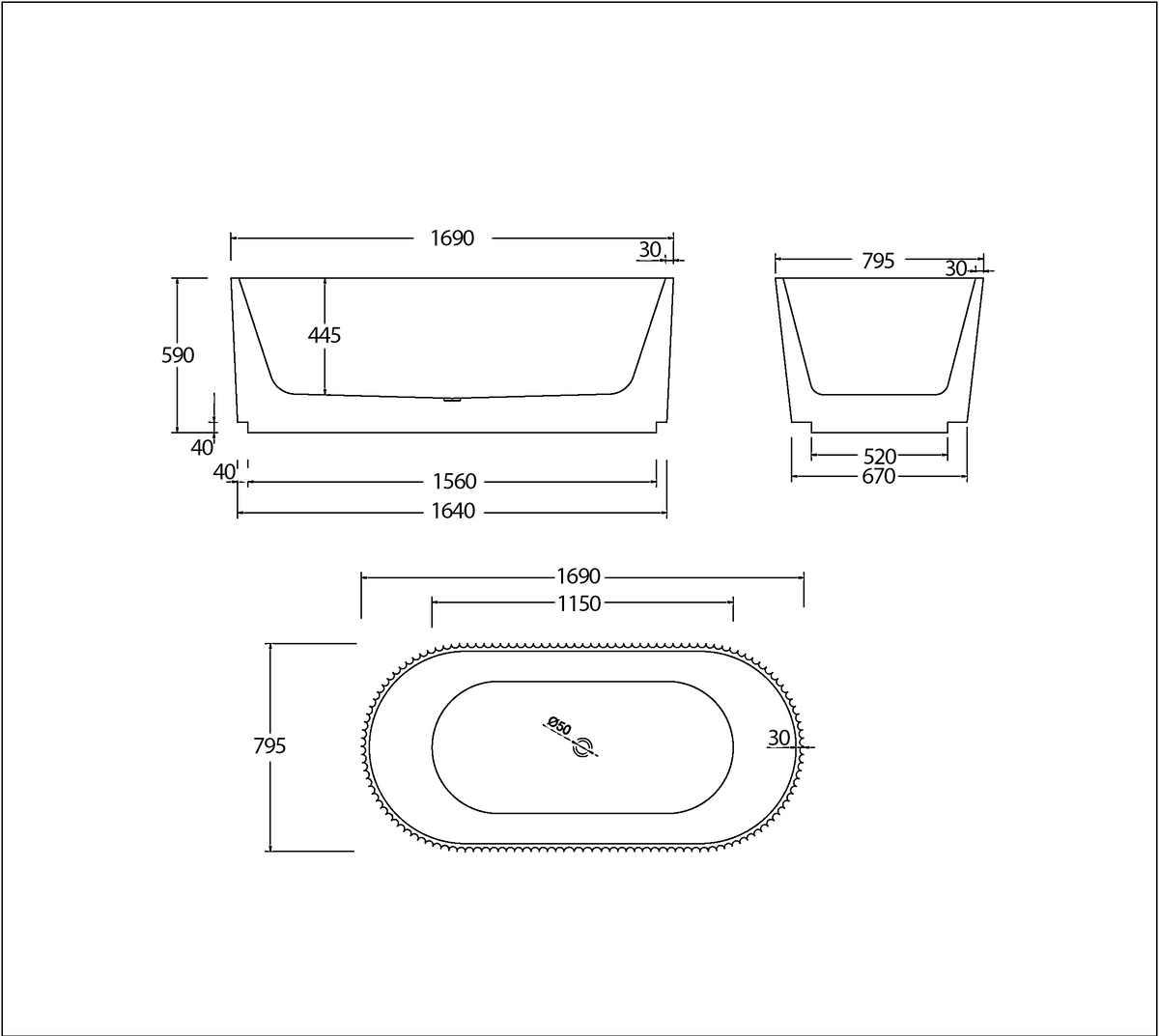 Glossy White Thin edge NO overflow Sanitary grade Fluted Acrylic Free Standing Bathtub 1500/1700mm