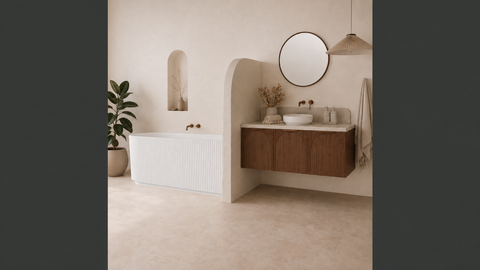 JF Series right corner fluted bathtub in a warm bathroom (AI-generated lifestyle render)