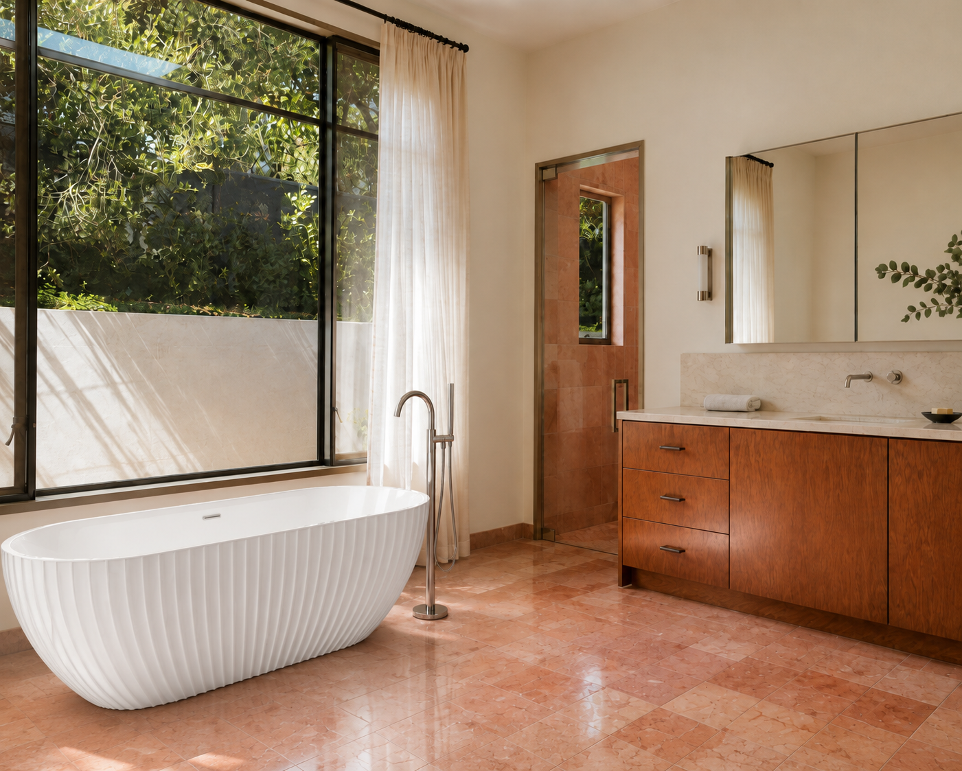 DF-17 fluted freestanding bathtub in a contemporary bathroom (AI-generated lifestyle render)
