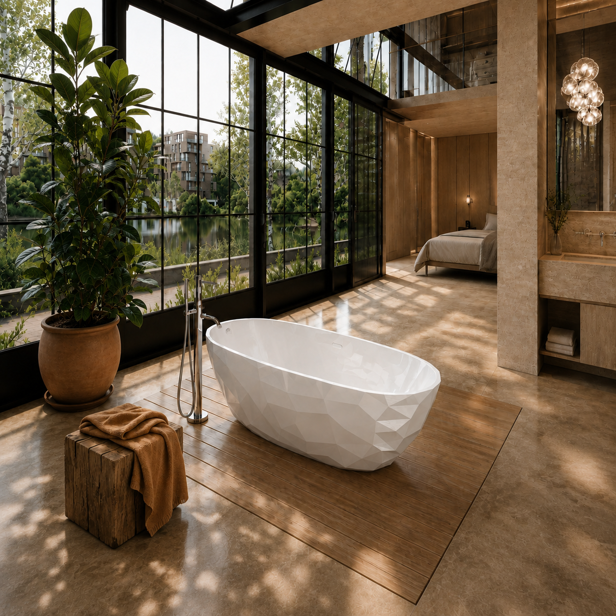 DZ-15 faceted freestanding bathtub in a contemporary bathroom (AI-generated lifestyle render)