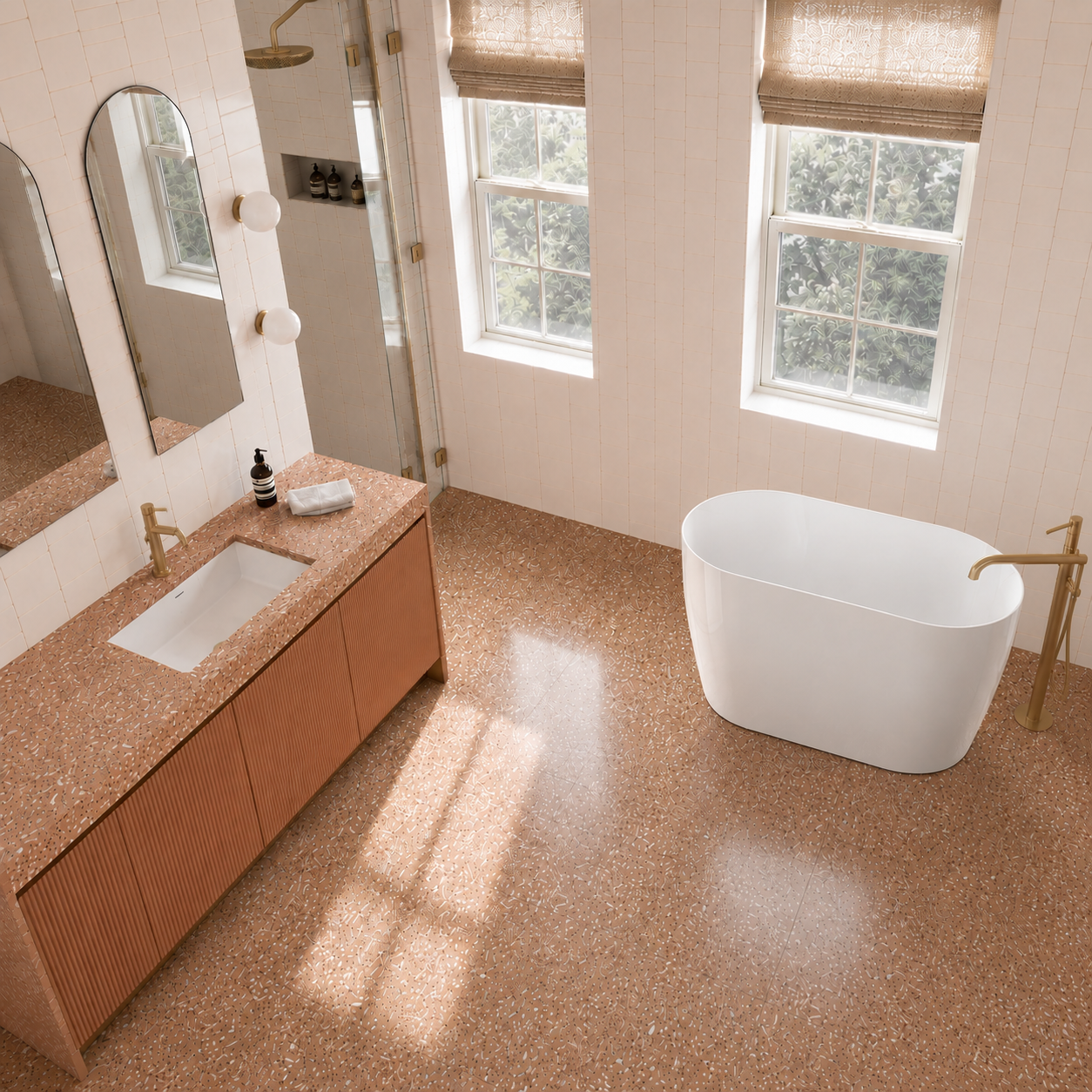 D-11 freestanding bathtub in a warm contemporary bathroom (AI-generated lifestyle render)