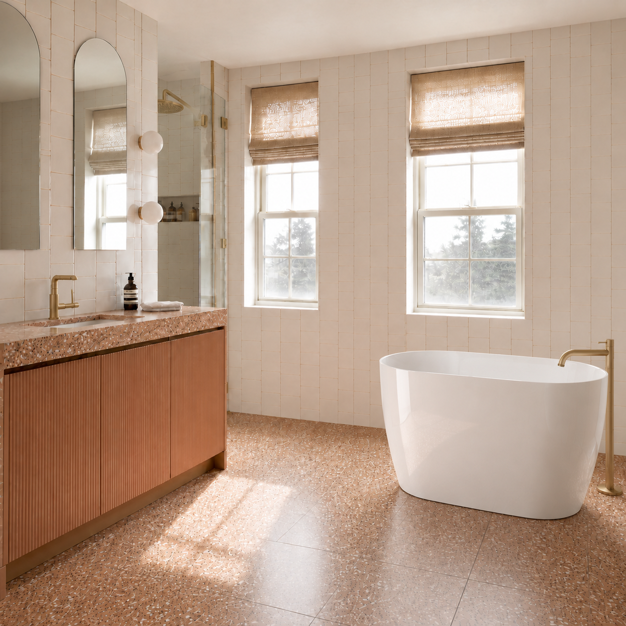 D-11 freestanding bathtub in a bright contemporary bathroom (AI-generated lifestyle render)