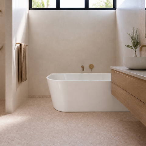 J Series right corner bathtub in a contemporary bathroom (AI-generated lifestyle render)