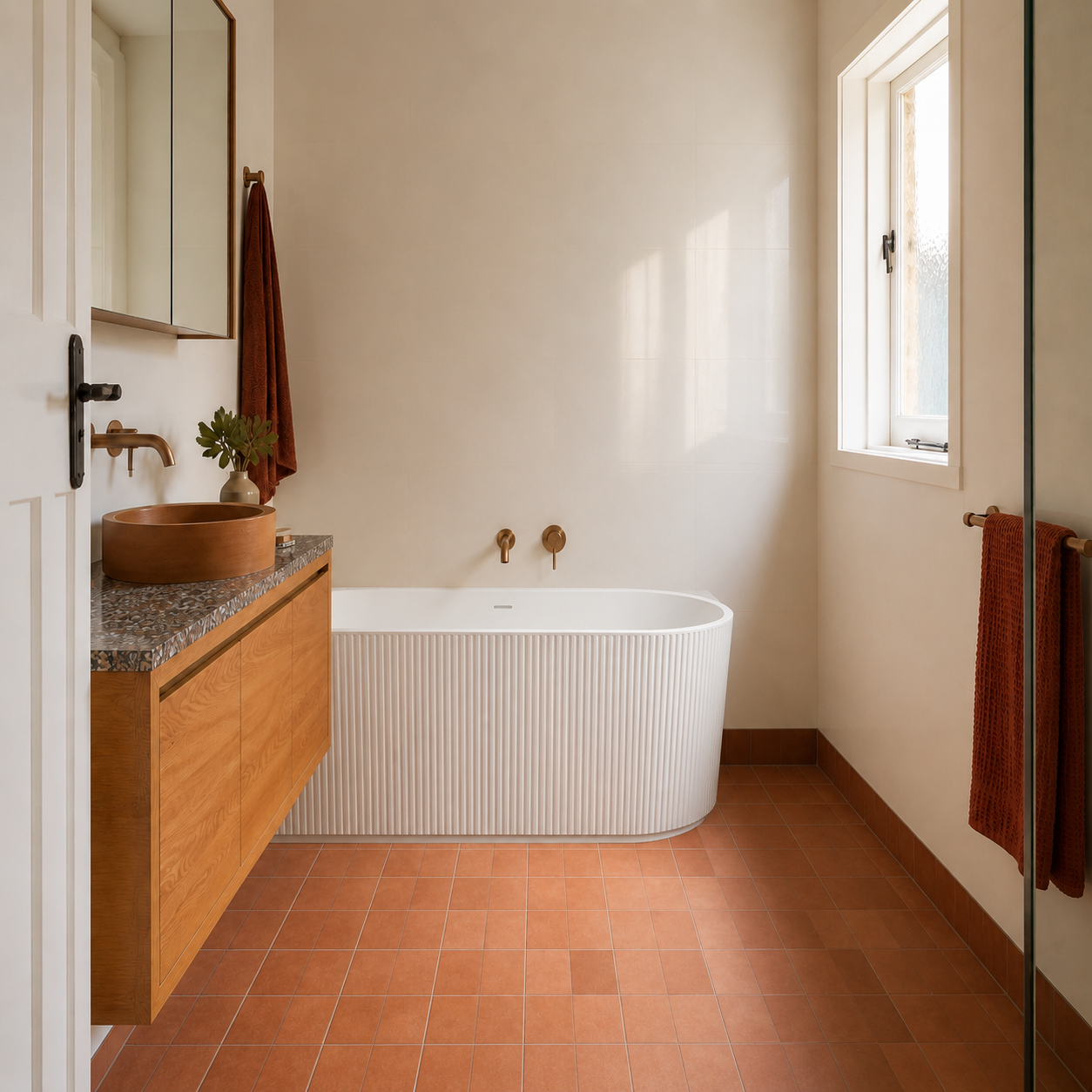 JF Series left corner fluted bathtub in a warm contemporary bathroom (AI-generated lifestyle render)