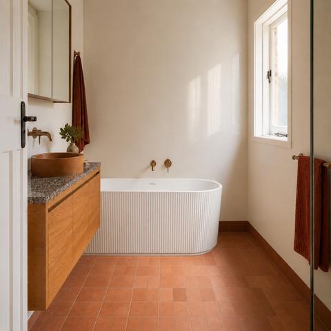 JF Series left corner fluted bathtub in a warm contemporary bathroom (AI-generated lifestyle render)
