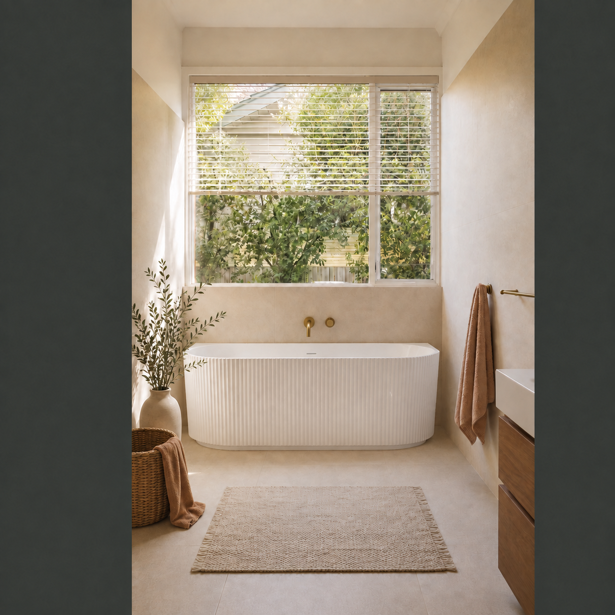 QF Series fluted back-to-wall bathtub in a bright bathroom (AI-generated lifestyle render)