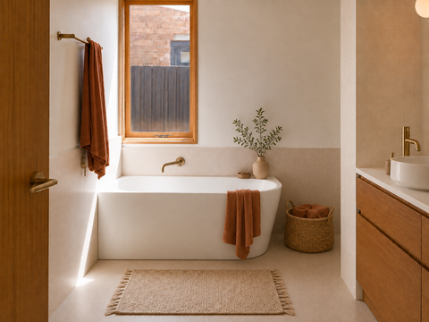 J Series left corner bathtub in a contemporary bathroom (AI-generated lifestyle render)