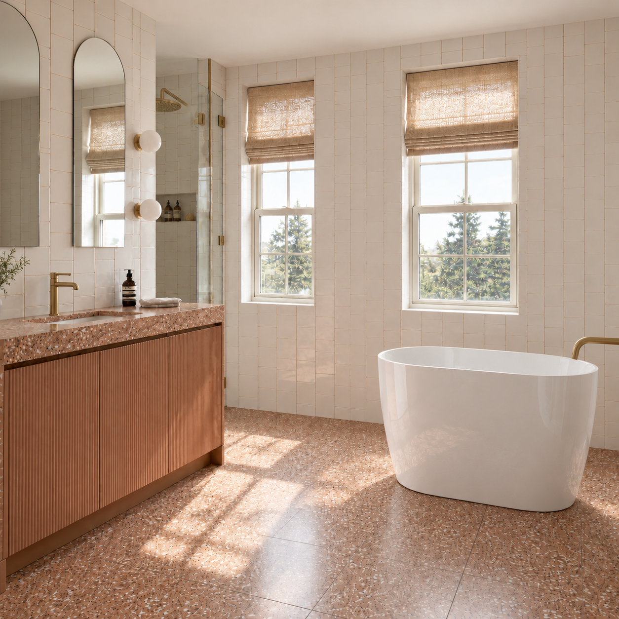 D-11 freestanding bathtub in a warm contemporary bathroom (AI-generated lifestyle render, updated 2026-09-09)