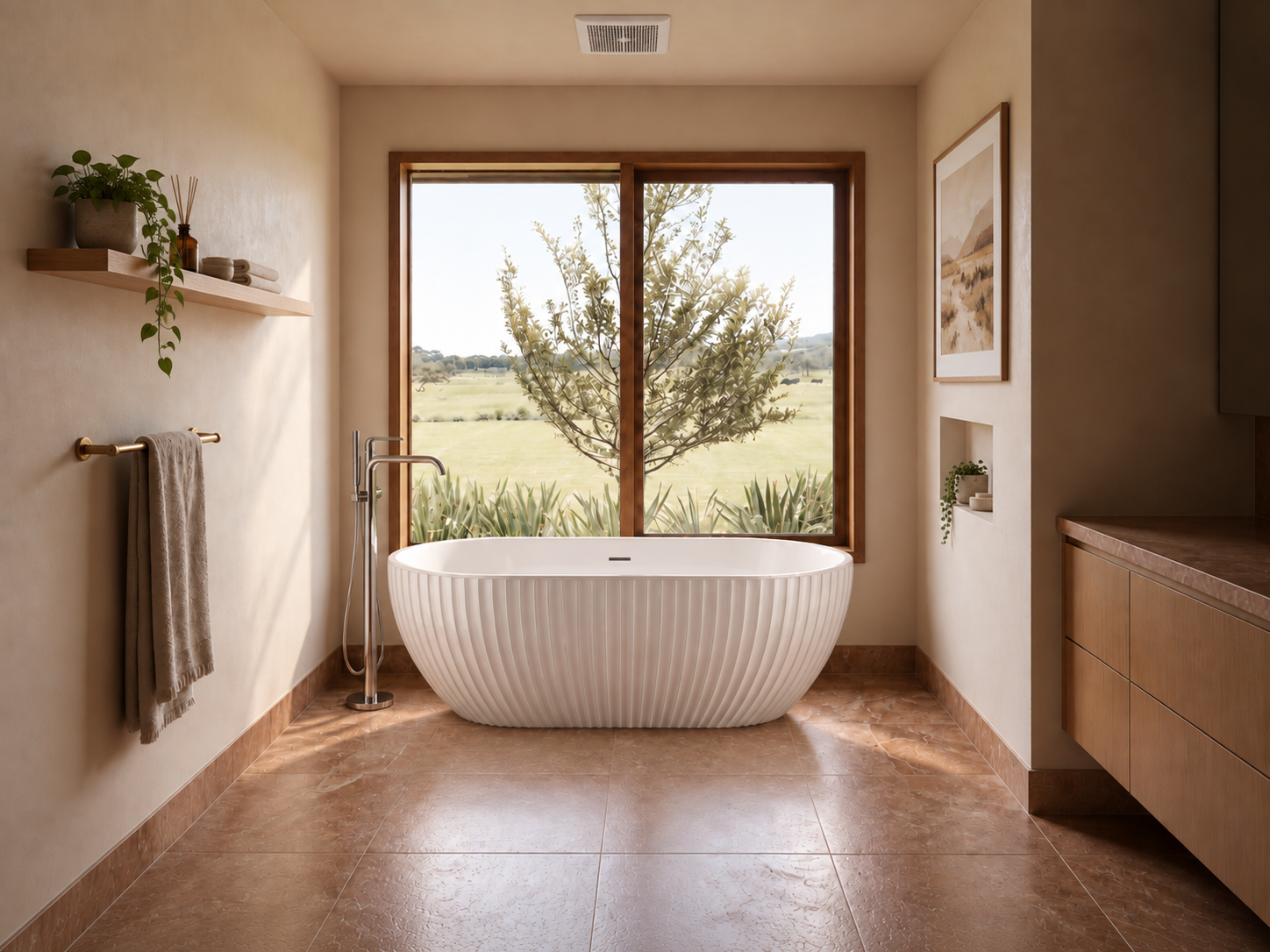 DF-17 fluted freestanding bathtub in a warm contemporary bathroom (AI-generated lifestyle render, updated 2026-09-09)