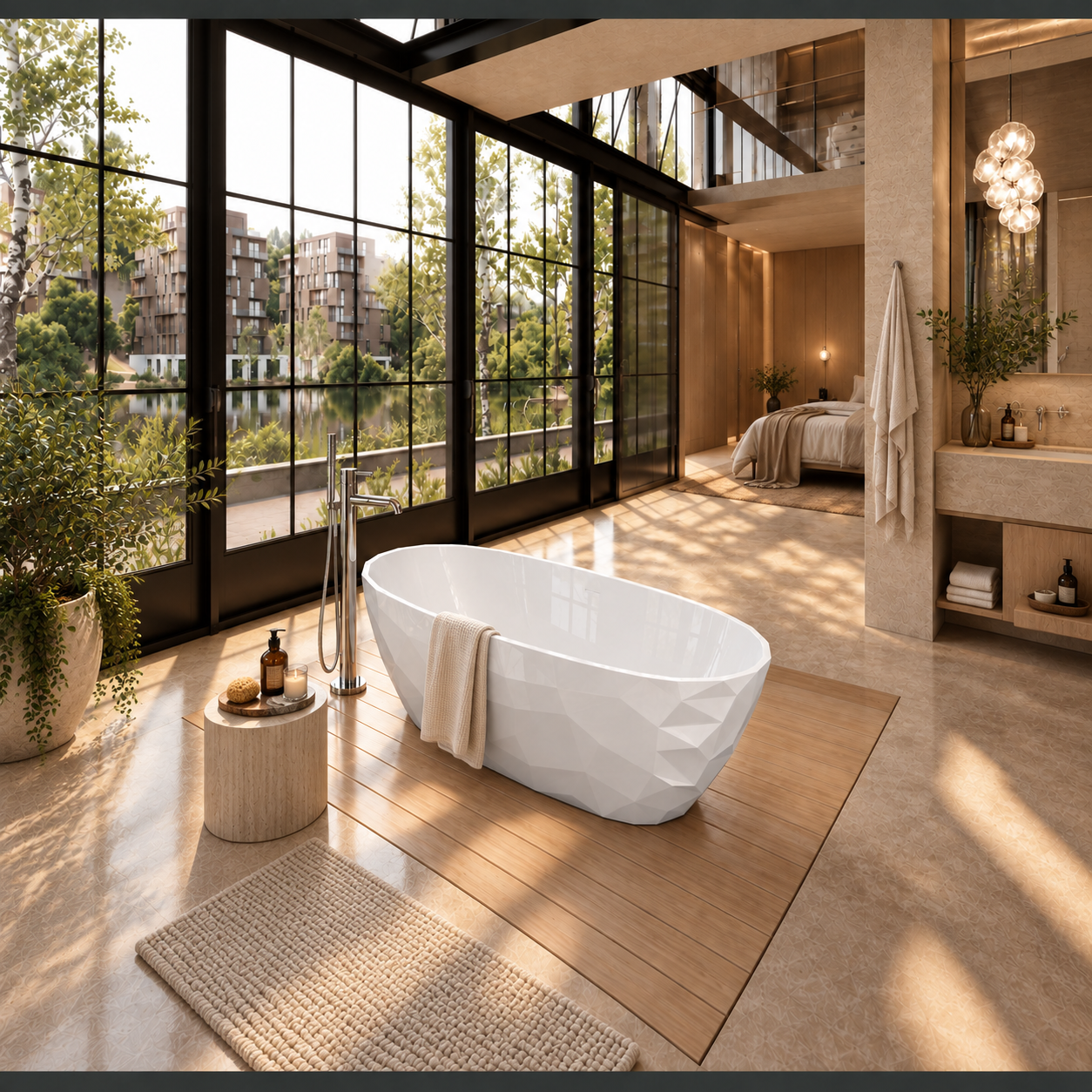 DZ-15 faceted rhombus freestanding bathtub in a warm contemporary bathroom (AI-generated lifestyle render, updated 2026-09-09)