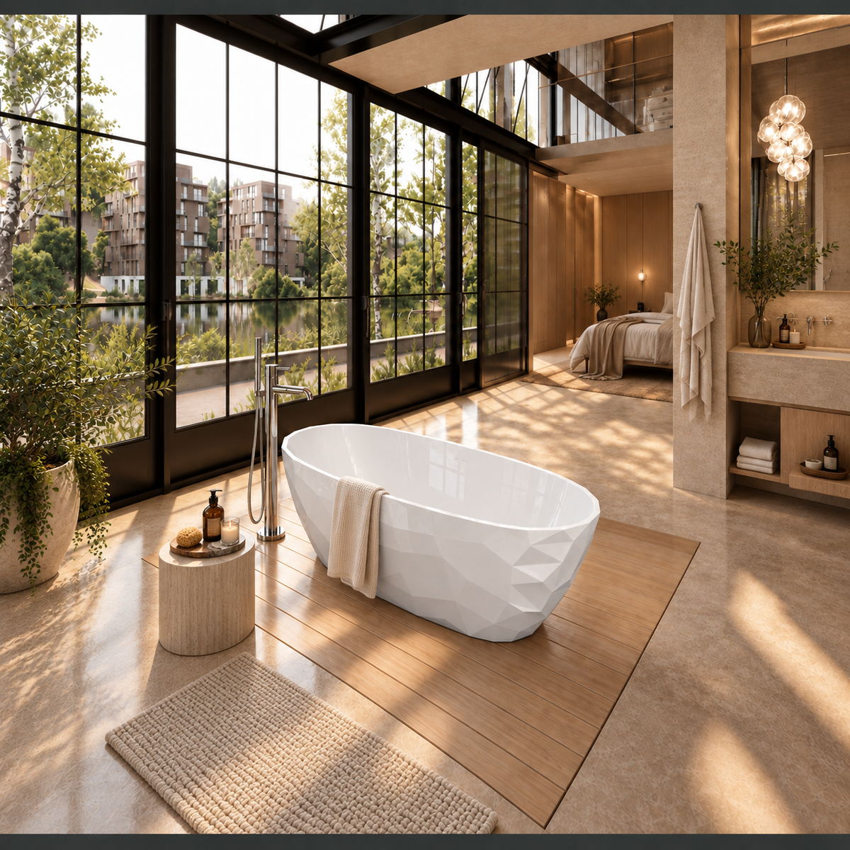 DZ-15 faceted rhombus freestanding bathtub in a warm contemporary bathroom (AI-generated lifestyle render, updated 2026-09-09)