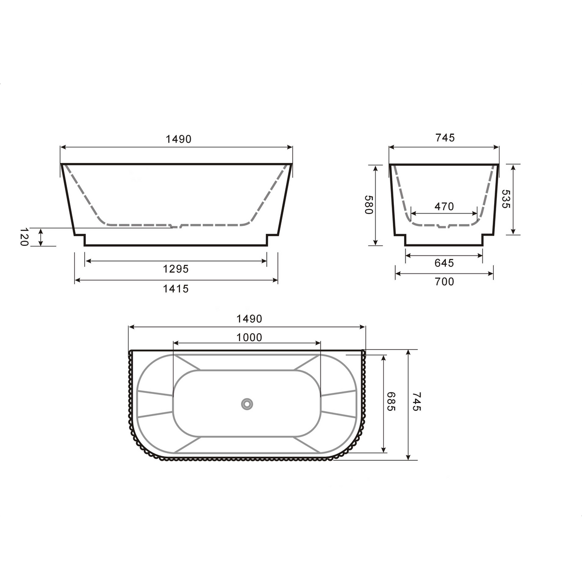 Glossy White Back To Wall Thin edge NO overflow Sanitary grade Fluted Acrylic Bathtub 1500/1700mm