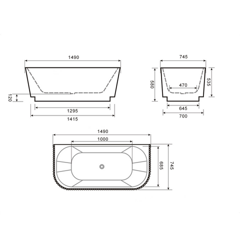Glossy White Back To Wall Thin edge NO overflow Sanitary grade Fluted Acrylic Bathtub 1500/1700mm