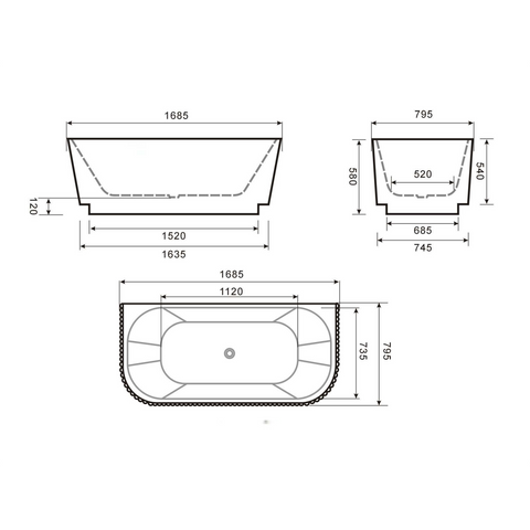 Glossy White Back To Wall Thin edge NO overflow Sanitary grade Fluted Acrylic Bathtub 1500/1700mm