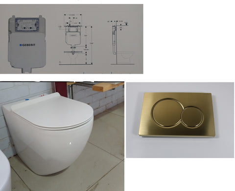Geberit Sigma8 Concealed inwall cistern Rimless Toilet Suite Superslim seat WELS Brushed Gold Button Panel