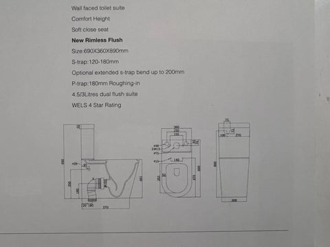 Melbourne Local pick up Comfort 495mm High RIMLESS Toilet Suite BACK TO WALL- CLOSE COUPLED- SOFT CLOSE Seat