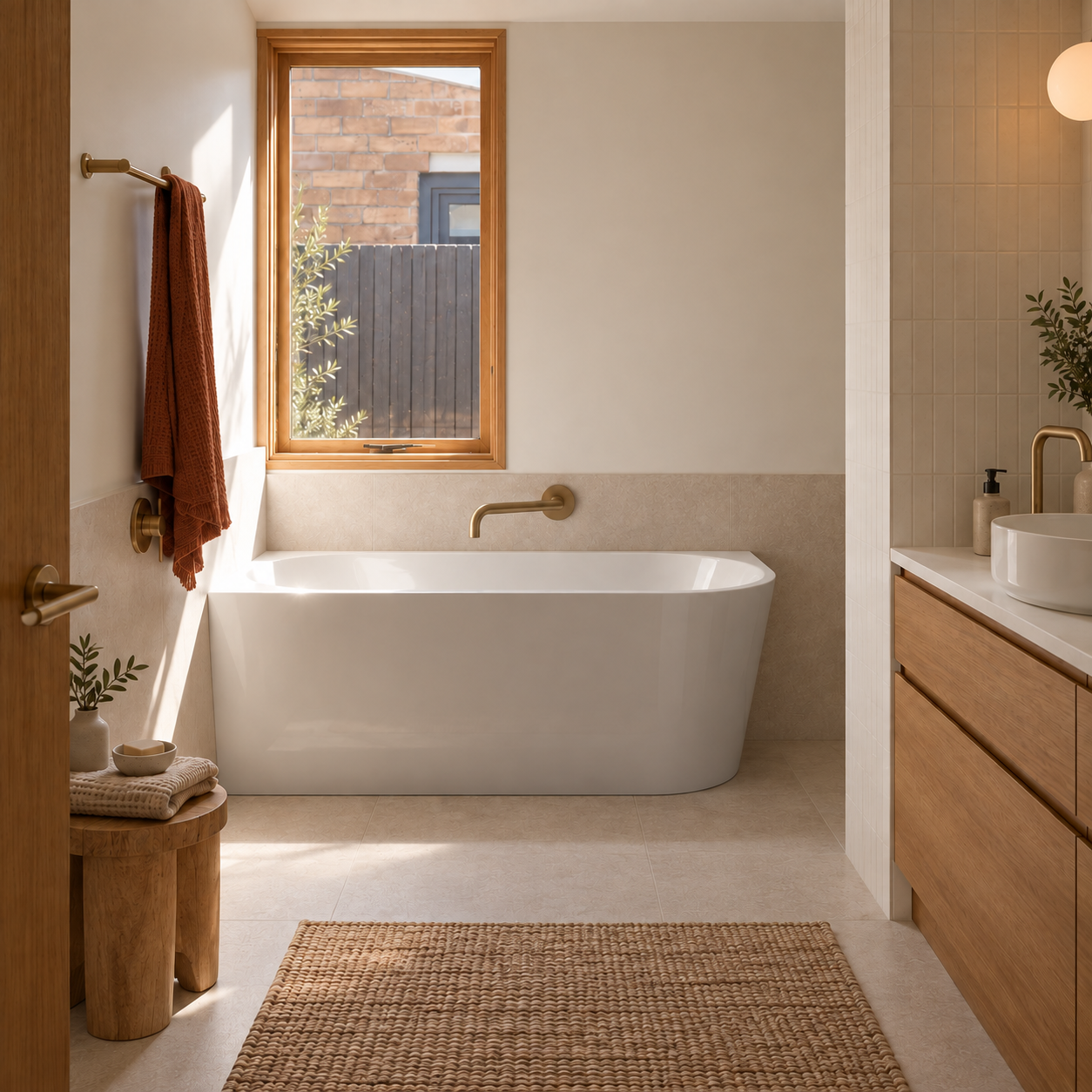J-15L left corner bathtub in a warm contemporary bathroom (AI-generated lifestyle render, updated 2026-09-09)