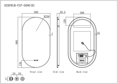 500x900mm Motion Sensor Switch Pill Oval Shape Black Frame Backlit Led Mirror Bathroom Vanity Mirror