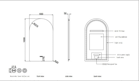550x1000mm Motion Sensor Switch Arch Shape Frameless Backlit Led Mirror Bathroom Vanity Mirror