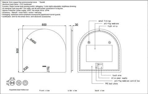 800x800mm Motion Sensor Switch Arch Shape Frameless Backlit Led Mirror Bathroom Vanity Mirror