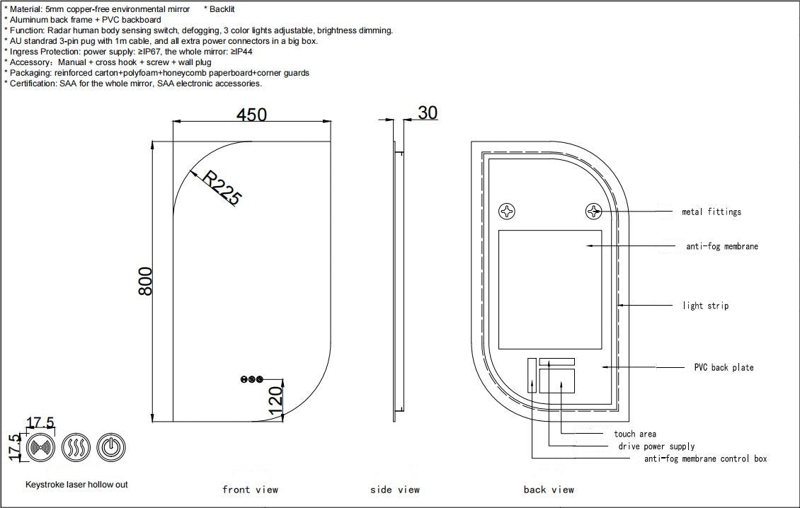 450x800mm Motion Sensor Switch Leaf Shape Narrow Frameless Backlit Led Bathroom Mirror