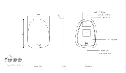 600x800mm Motion Sensor Switch Irregular Pear Shape Frameless Backlit Led Mirror Bathroom Vanity Mirror