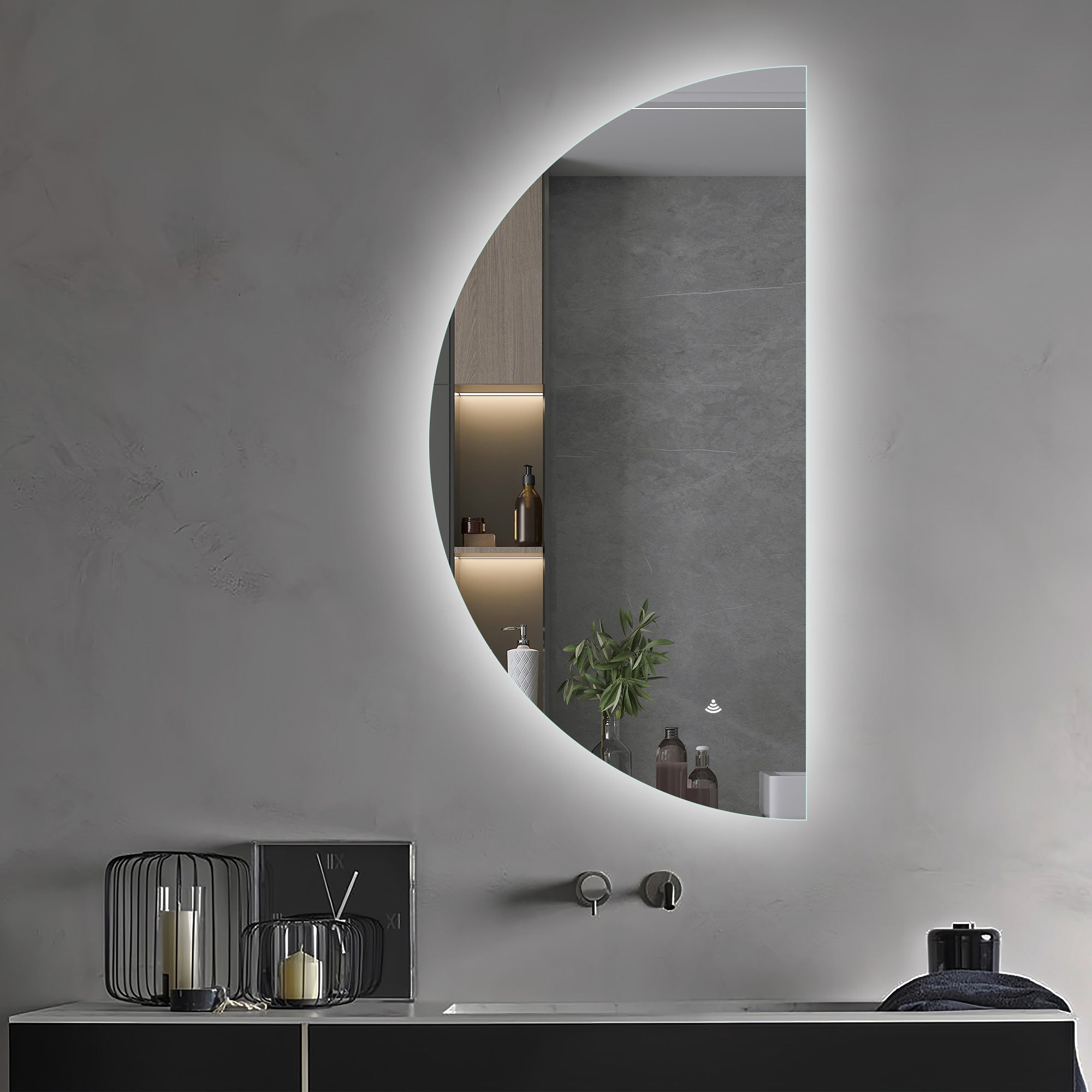 500x1000mm Motion Sensor Half Moon Shape Frameless Backlit Led Mirror ...