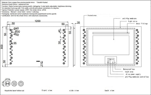 1200x800mm Motion Sensor Switch Rectangle Frosted Circle Frameless Backlit Led Mirror Bathroom Vanity Mirror