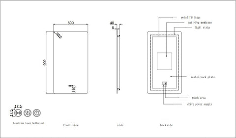 500x900mm Motion Sensor Switch Rectangle Frameless Backlit Led Mirror Bathroom Vanity Mirror