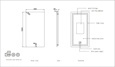 550x1050mm Motion Sensor Switch Rectangle Frameless Backlit Led Mirror Bathroom Vanity Mirror