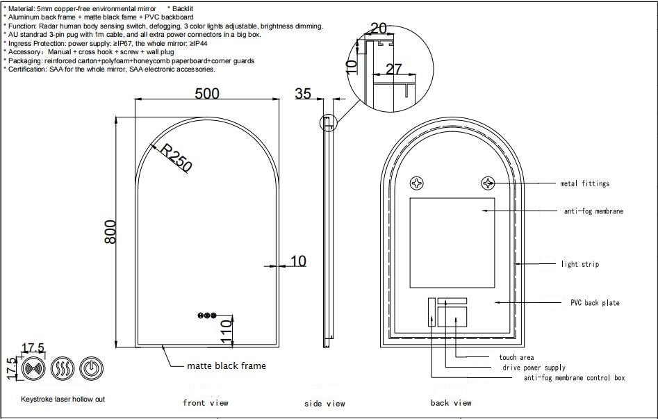 Arch Speed Sensor 500x800mm Motion Sensor Switch Arch Shape Black Frame Backlit Led Mirr