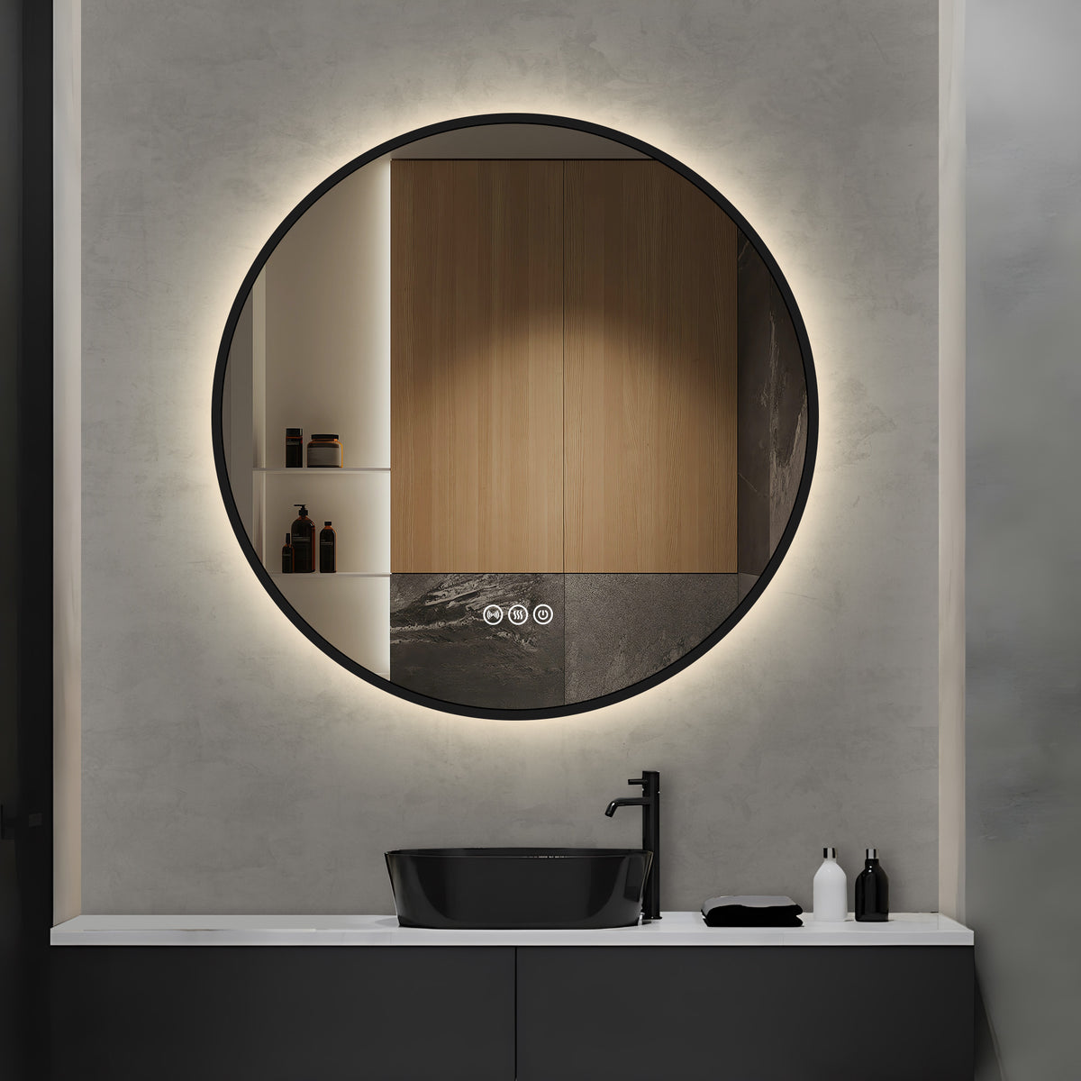 800mm Dia Motion Sensor Switch Round Black Frame Backlit Led Mirror Bathroom Vanity Mirror