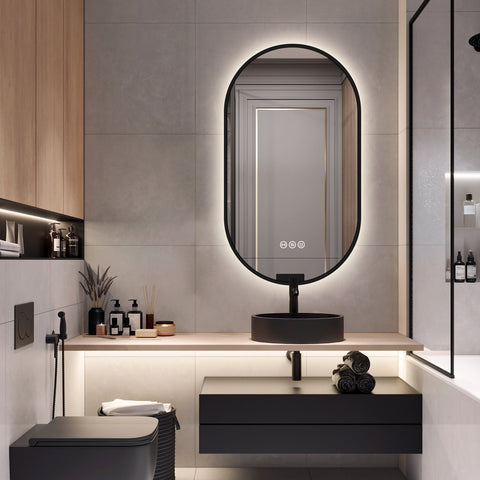 500x900mm Motion Sensor Switch Pill Oval Shape Black Frame Backlit Led Mirror Bathroom Vanity Mirror