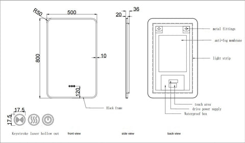 500x800mm Motion Sensor Switch Rectangle Matt Black Frame Backlit Led Mirror Bathroom Vanity Mirror