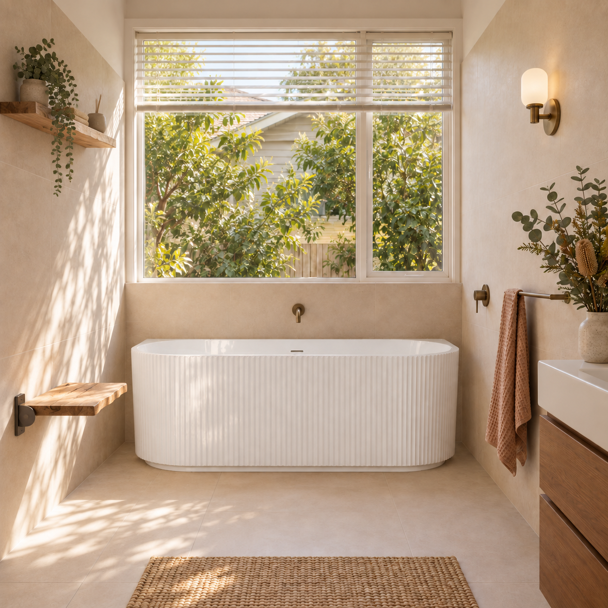QF-15 fluted back-to-wall bathtub in a bright bathroom (AI-generated lifestyle render, updated 2026-09-10)
