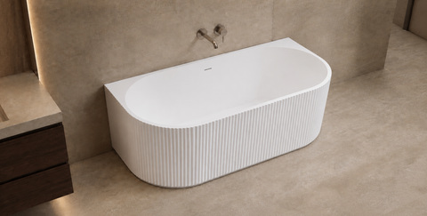 QF Series fluted back-to-wall bathtub in a contemporary bathroom (AI-generated render)