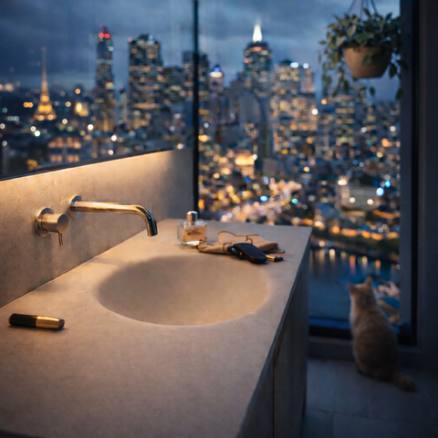 Crater Monoform™ Bench Basin round bowl Beige Oman Sintered Stone Vanity Top Bathroom 1200/1500 Sizes