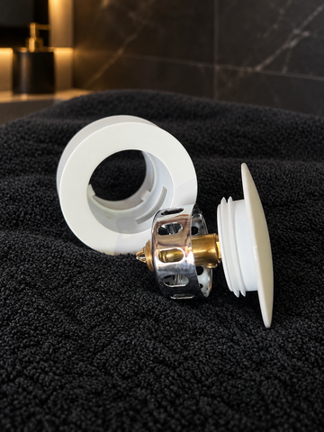Glossy White Bathtub Pop Up Plug Pull Out Basket with Overflow