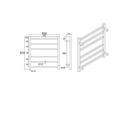 6 Bars Square Brushed Nickel Electric Heated Towel Rack