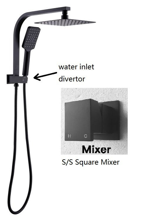 WELS Matt Black 8" Square Rain Shower set With Handheld Short Unit