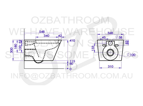 Wall Hung Concealed Cistern Toilet Suite 548*368*300mm for white bathroom