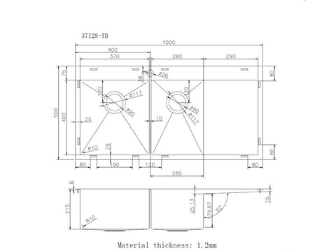 1000*500*220 SS316 Stainless steel kitchen sink 1 3-4 Bowls top mount drop in Drainer board on RIGHT