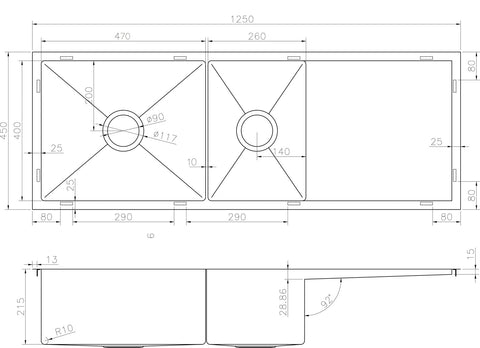 1250*450*210 304 Stainless Steel kitchen sink bowls under top mount